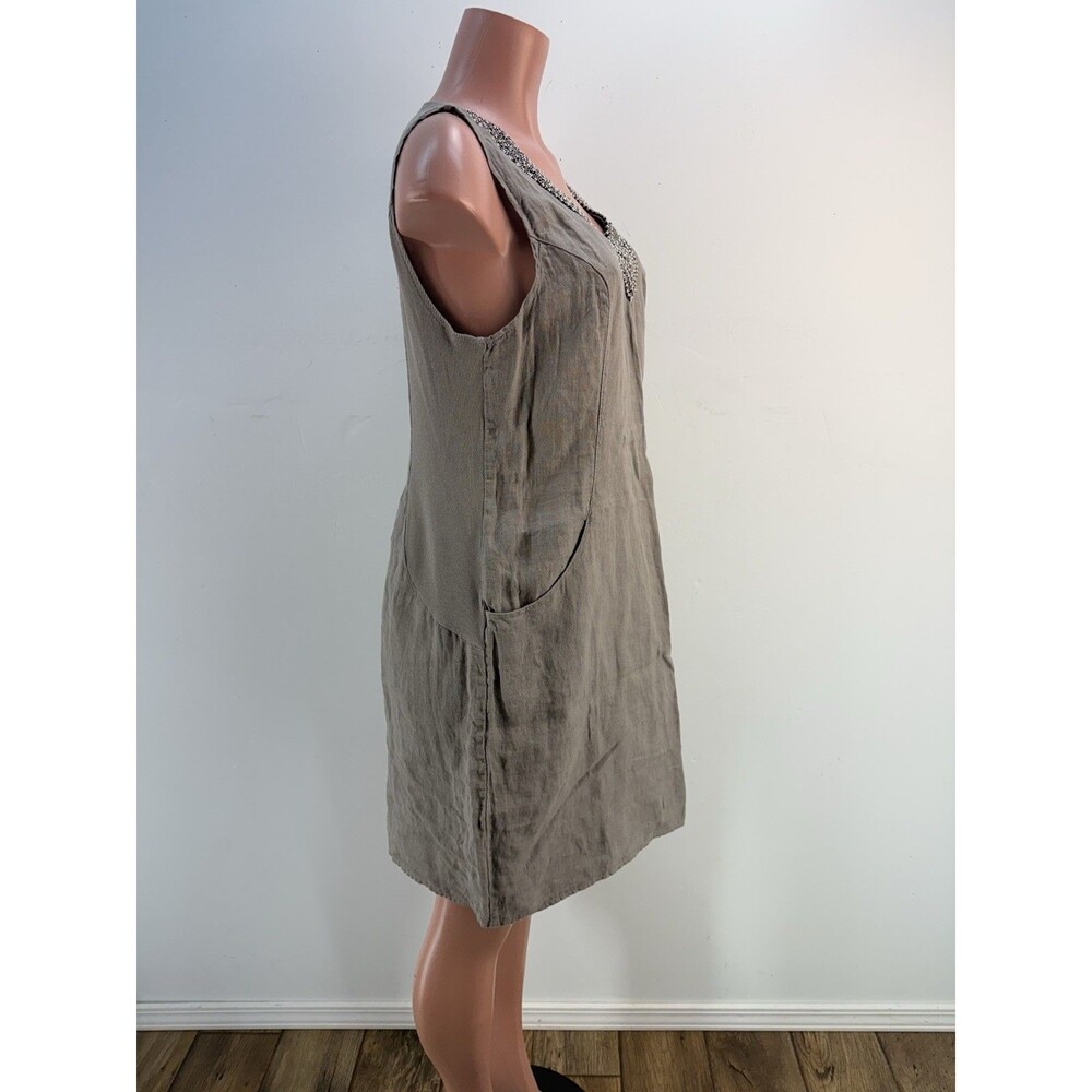 Lina Tomei Italy 100% Linen  Women Dress L Gray Beaded Sleeveless Shift V Neck - Picture 2 of 14